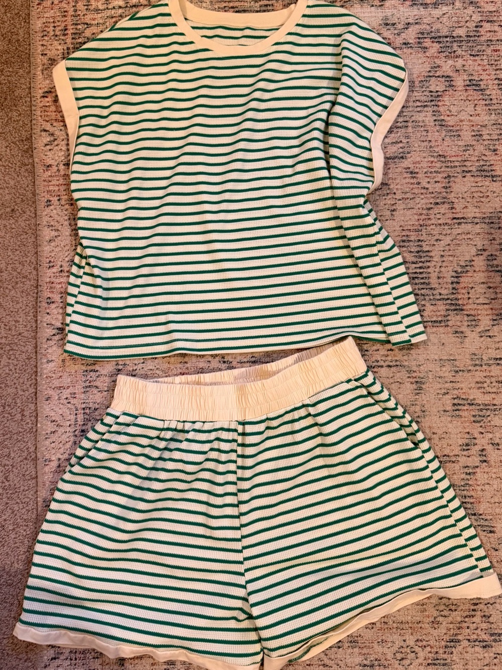 Green & White Striped Women’s Set – Short Sleeve Top & Shorts